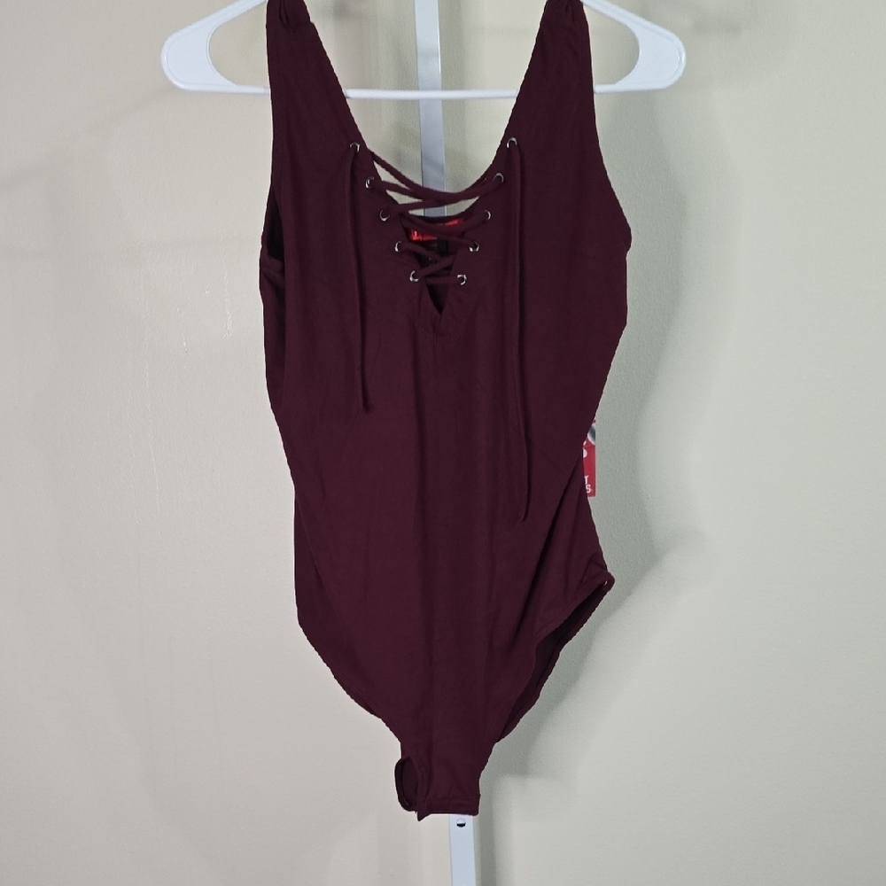 Hot Kiss Burgundy Front Tie‎ Up Body Suit Ladies Sz L